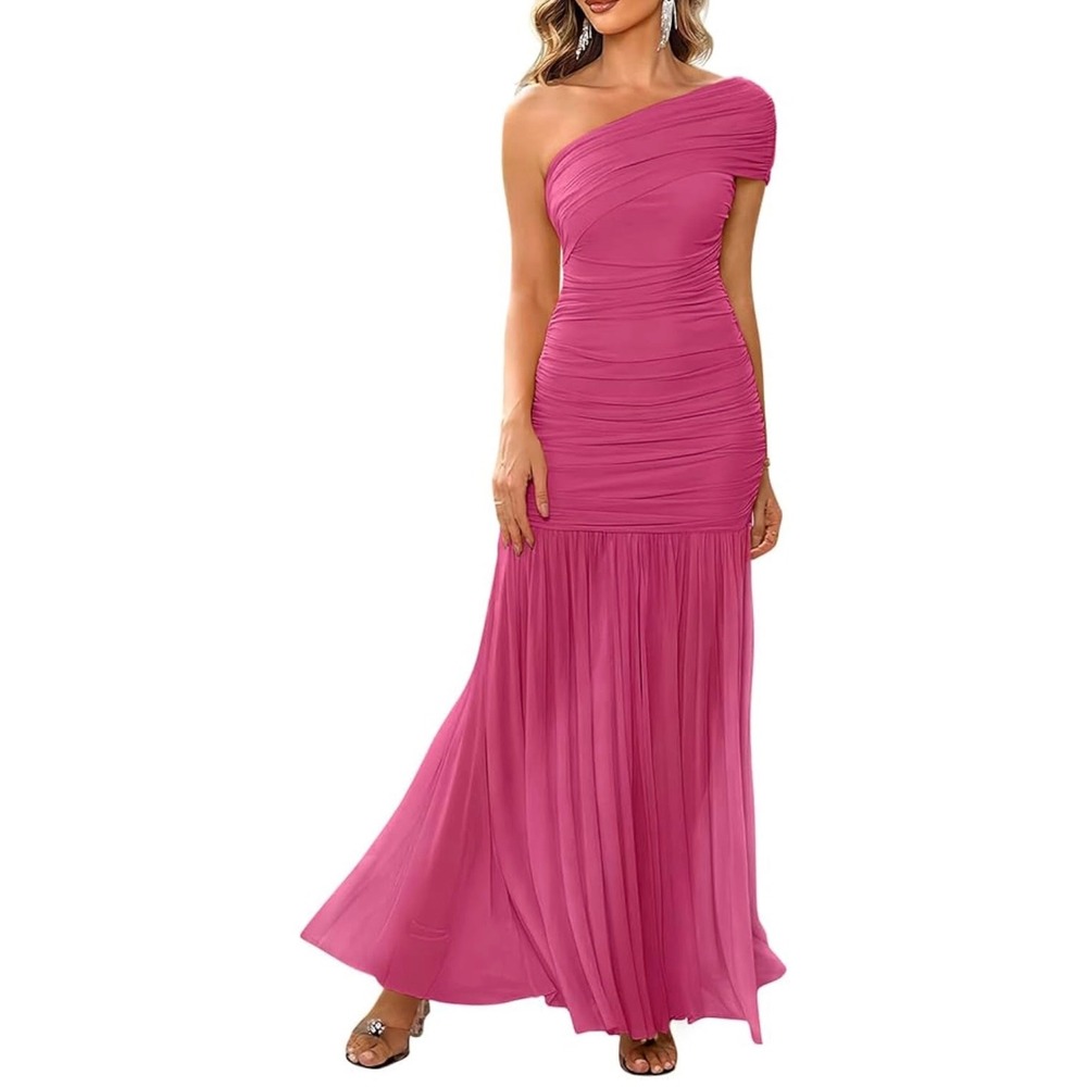 Hot Pink One Shoulder Ruched Mesh Maxi Dress Pleated Formal Gown Size L